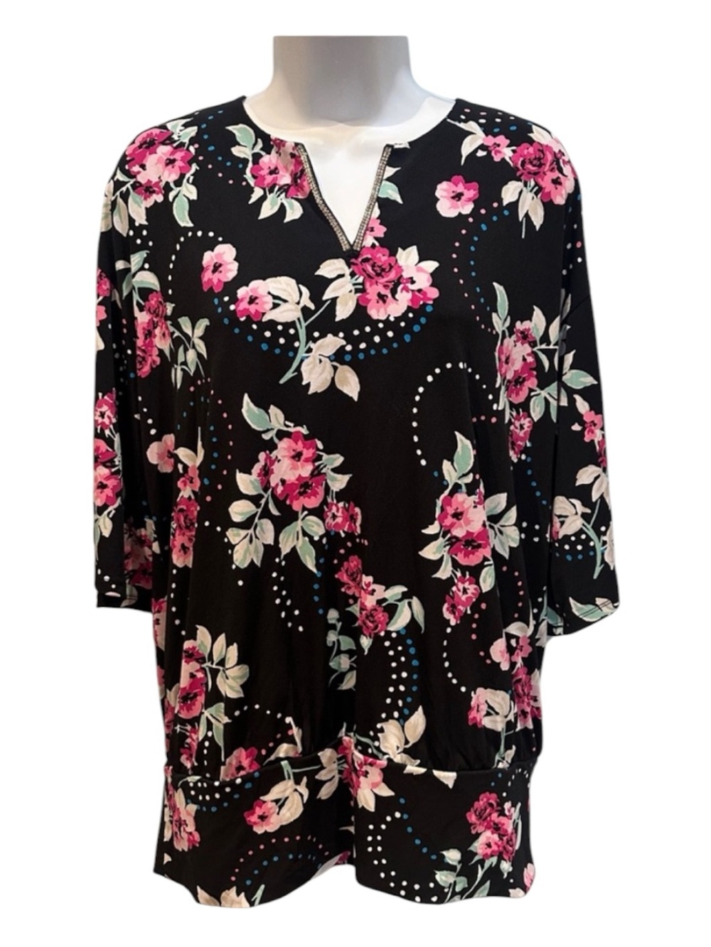 JM Collection Black Pink Floral Blouse Medium